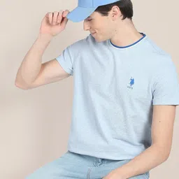 u.s. polo assn. Men Self Design Crew Neck Pure Cotton Blue T-Shirt-picture-14