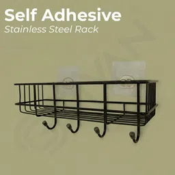 grivan Self Adhesive Wall Mounted Rack With Hooks | Bathroom & Kitchen Shelf Black Towel Holder image 2