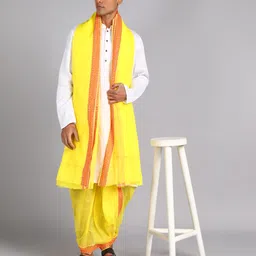 Sawariya handloom Men's Cream Colour Panjakejam Readymade dhoti and towel set Free size 100%cotton Self Design, Striped Men Dhoti image 5