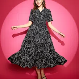 sheetal associates Women Fit and Flare Black, White Midi/Calf Length Dress image 5