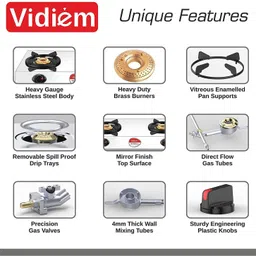 vidiem GS S2 199 A VECTOR NERO 2 Stainless Steel Manual Gas Stove image 3
