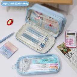 a r international Cute Large Capacity Pencil case | Transparent Front | Detachable Design | Multi-Compartment Stationery Organizer Pouch for School & Office Use Art Canvas Pencil Box image 2