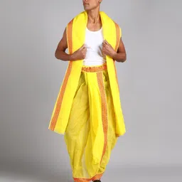AK handloom Mens Yellow Colour Panjakejam Readymade dhoti and towel set Free size 100%cotton Self Design, Striped Men Dhoti-picture-18