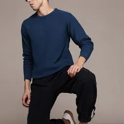 roadster Men Self Design Round Neck Blue Sweater image 5