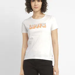 levi's Women Printed Crew Neck Pure Cotton White T-Shirt-picture-11