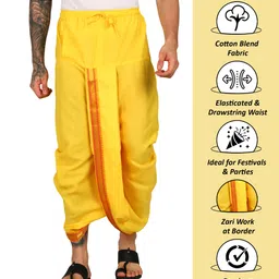 Shyam handloom Men's Mango Colour Panjakejam Readymade Golden Zari Border Dhoti Free size Silk Striped, Solid, Embroidered Men Dhoti image 4