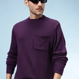 glitchez Men Solid, Self Design Round Neck Purple Sweater-picture-19