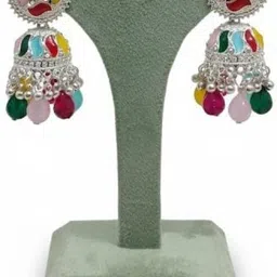a u jewellery Meenakari Oxidised Silver Plated Jhumka Earrings Pearl Silver Earring Set-picture-30