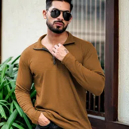 indiclub Men Solid Polo Neck Polycotton Brown T-Shirt-picture-37
