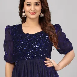 gunhild Floral Print, Self Design Velvet, Lycra Blend Stitched Anarkali Gown image 4