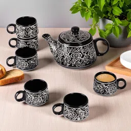 serv-o-best Ceramic Tea & Milk Kettle Pot with 6 Cups | 1 Kettle (750 ml) & 6 Cups (120 ml) Cup Serving Set-picture-10