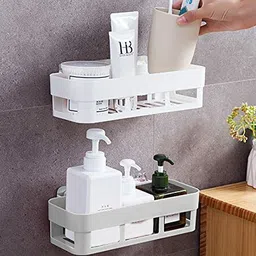 hxoset Pack of 4 Waterproof ABS Plastic Kitchen Bathroom shelf baskets/Bathroom and Kitchen Fittings Wardrobe Shelf/Bathroom Hardware/ Bathroom Shower Organizer Rack Shelf/bathroom Hanging shelf decor-Dishwasher Liquid, Brush, Cloth, Soap, Sponge, Heir Oil, etc/Wall Mount No Driling Required Plastic Wall Shelf-White Colour (White) Particle Board Wall Shelf image 4