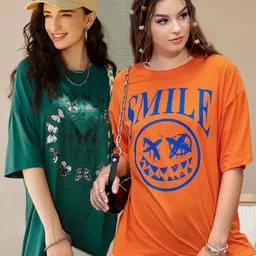 christy world Pack of 2 Women Printed Round Neck Pure Cotton Multicolor T-Shirt-picture-20