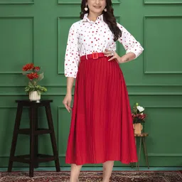 zelzis Women Fit and Flare Red, White Midi/Calf Length Dress image 5