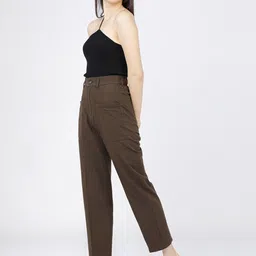 tokyo talkies Women Tapered Brown Pure Cotton Trousers image 5