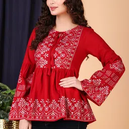 neerafashion Casual Bell Sleeves Printed Women Red Top-picture-10