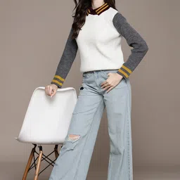 roadster Women Colorblock Round Neck White Sweater image 4
