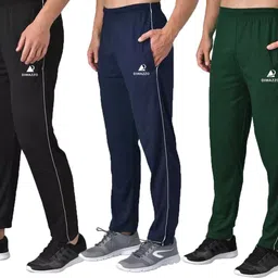 Pack of 3 Men Solid Dark Green, Dark Blue, Black Track Pants-image-3