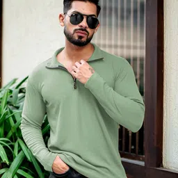 indiclub Men Solid Zip Neck Polycotton Light Green T-Shirt-picture-15