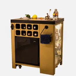 haus of bars by speedx Model X All-In-One Metal Bar Cabinet in Matt Black & Matt Gold Finish With Built-In 30L Godrej Qube Fridge & Wheels image 3