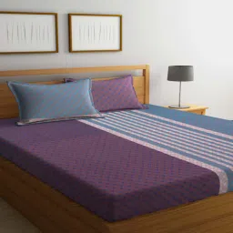 arrabi Blue Geometric 300 TC 100% Cotton Double Queen Bedsheet With 2 Pillow Covers-picture-10