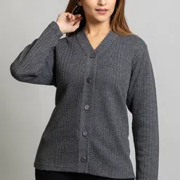 hifzaa Women Solid V Neck Grey Sweater image 1