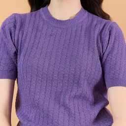 clapton Women Self Design Round Neck Pure Cotton Purple T-Shirt image 5