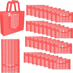 heart home Pack of 48 Smile Print Foldable Grocery/Shopping Bags For Women | Red Pack of 48 Grocery Bags image 1