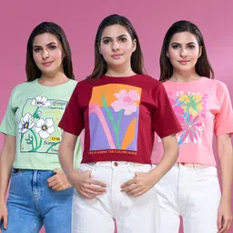 zuniors-ssc Pack of 3 Women Graphic Print Round Neck Pure Cotton Multicolor T-Shirt-picture-11
