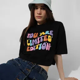 only Women Printed Round Neck Cotton Blend Black T-Shirt-picture-13