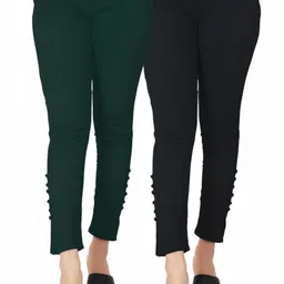 deepa Pack of 2 Women Skinny Fit Black, Dark Green Cotton Blend Trousers-picture-22