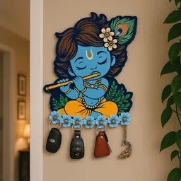kaviart Little Krishna Wooden Wall Key Holder Decorative Key Hanger for Home Decor Wood Key Holder image 1