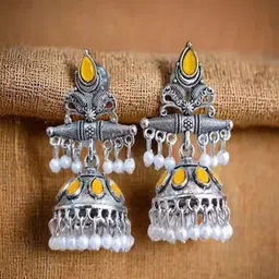 Traditional Silver Pink Jhumka Earrings With indian Pearls Pink Jhumki For Women Beads Bone Earring Set-image-73