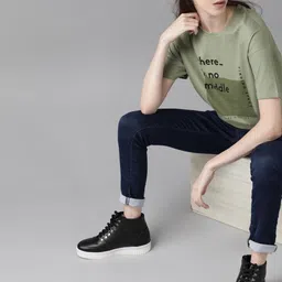 roadster Women Typography Round Neck Pure Cotton Green T-Shirt image 3