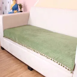 stitchnest Olive Solid Velvet 2 Seater Quilted Sofa Cover (Protector) with Pompom-picture-35