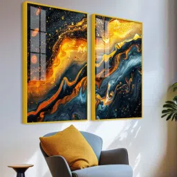 vibecrafts Swirling Golden Abstract Textured Acrylic Art Framed Art Panel (Set Of 2)-picture-19