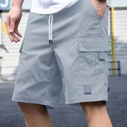 Solid Men Grey Cargo Shorts-image-0