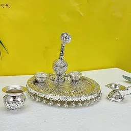 shree kaila mai traders German Silver Heavy Pooja Thali with Water Rose Sprinkle for Temple,Decorative Silver image 2