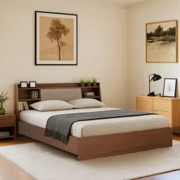 mintwud from pepperfry Tokyo Queen size Bed in Planked Walnut Finish with Upholstered Headboard Storage-picture-37