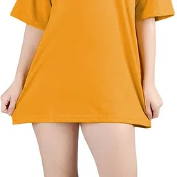 leotude Women Solid Round Neck Cotton Blend Yellow T-Shirt image 4