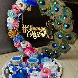 mridang Customize Engagement Ring platter with beautiful Floral work Wood Decorative Platter image 5