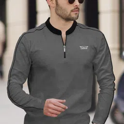 tripr Men Solid Mandarin Collar Cotton Blend Grey, Black T-Shirt-picture-21