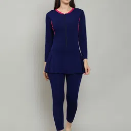 megaska One Piece Full Cover with Removable Chest Pads Front Zipper Frock Style Design Solid Women Swim-dress Dark Blue Swimsuit-picture-15