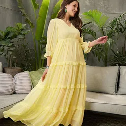 tisvara Women Fit and Flare Yellow Maxi/Full Length Dress image 3