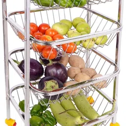 logenta High Quality Stainless Steel 4 Basket Square Vegetable and Fruit Trolley and Kitchen Trolley with 4 Wheel (36 X 12 X 12 Inch ) Stainless Steel Kitchen Trolley image 1