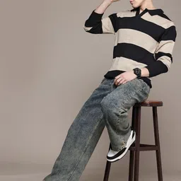 roadster Men Striped Collared Neck Beige Sweater image 4