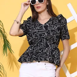 sheetal associates Casual Puff Sleeves Printed Women Black Top-picture-23