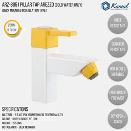 kamal Pillar Tap Arezzo (PTMT Plastic Faucet) | Ivory & Yellow Colour | 20mm Hi Flow Cartridge| Cold Water Only Pillar Tap Faucet image 2