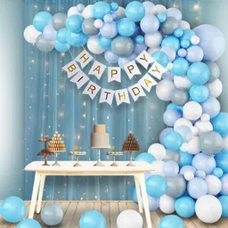 party midlinkerz 1st First Happy Birthday Decoration kit items 66 Pc with Net Curtain & Led Light image 1