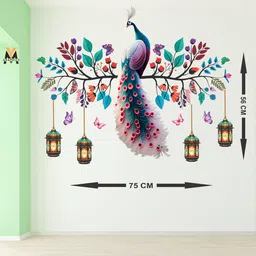 ymgraphics 75 cm Colourful Peacock Wall Art Decal with Hanging Lanterns Decorative Wall Sticker Self Adhesive Sticker image 2